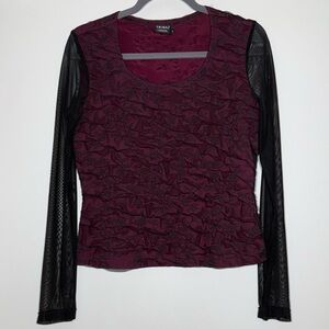 Y2K Vintage Burgundy Floral Crinkle Top Black Mesh Sleeves Whimsigoth Vampire